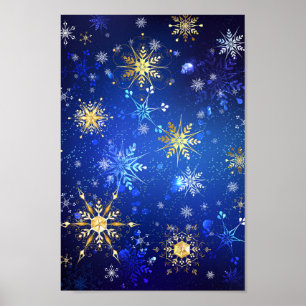 XMAS Blue Background with Golden Snowflakes Poster