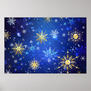 XMAS Blue Background with Golden Snowflakes Poster