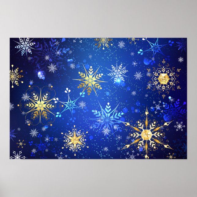 XMAS Blue Background with Golden Snowflakes Poster (Front)