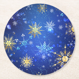 XMAS Blue Background with Golden Snowflakes Round Paper Coaster