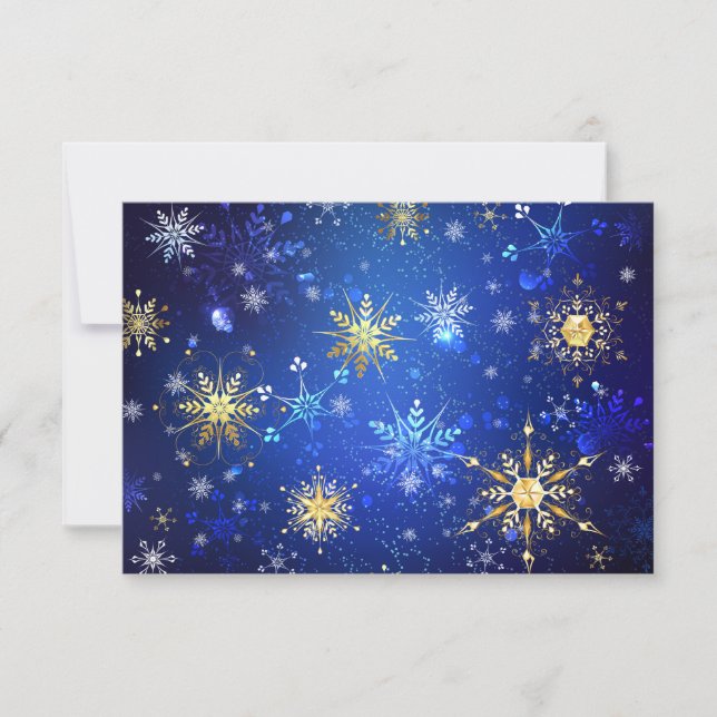 XMAS Blue Background with Golden Snowflakes RSVP Card (Front)