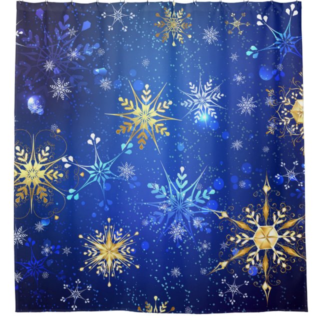 XMAS Blue Background with Golden Snowflakes Shower Curtain (Front)