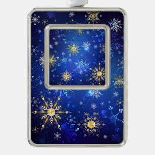XMAS Blue Background with Golden Snowflakes Silver Plated Framed Ornament