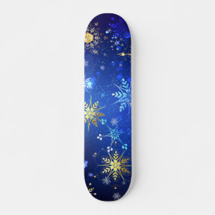 XMAS Blue Background with Golden Snowflakes Skateboard