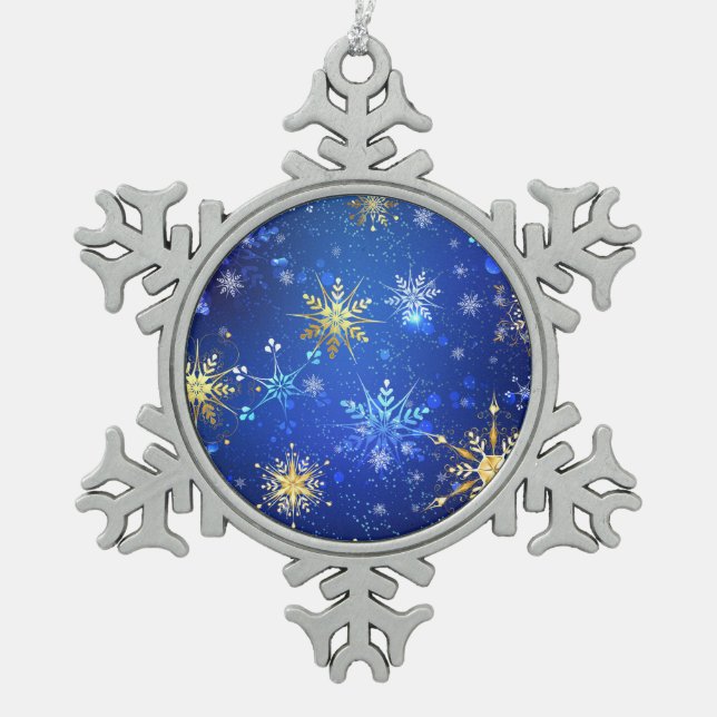 XMAS Blue Background with Golden Snowflakes Snowflake Pewter Christmas Ornament (Front)