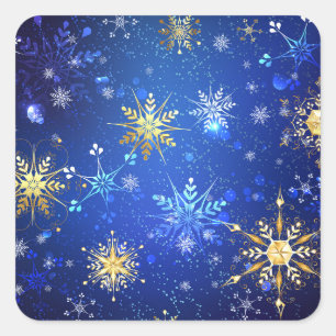 XMAS Blue Background with Golden Snowflakes Square Sticker