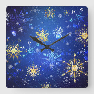 XMAS Blue Background with Golden Snowflakes Square Wall Clock