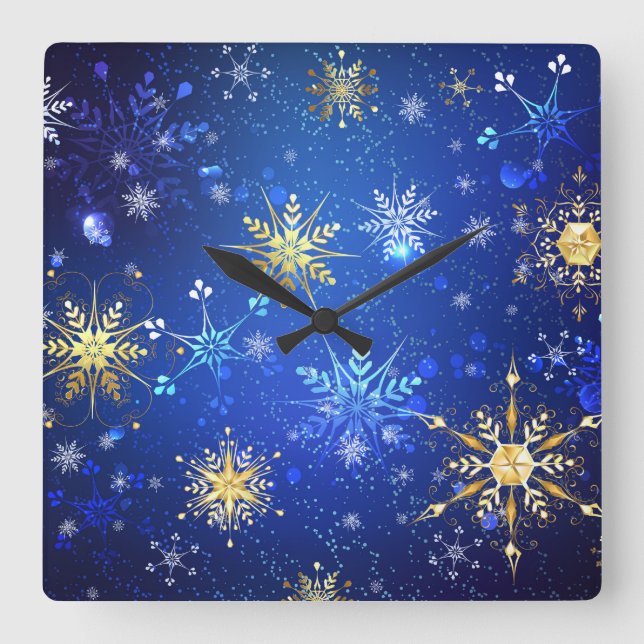 XMAS Blue Background with Golden Snowflakes Square Wall Clock (Front)