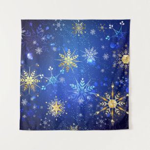 XMAS Blue Background with Golden Snowflakes Tapestry