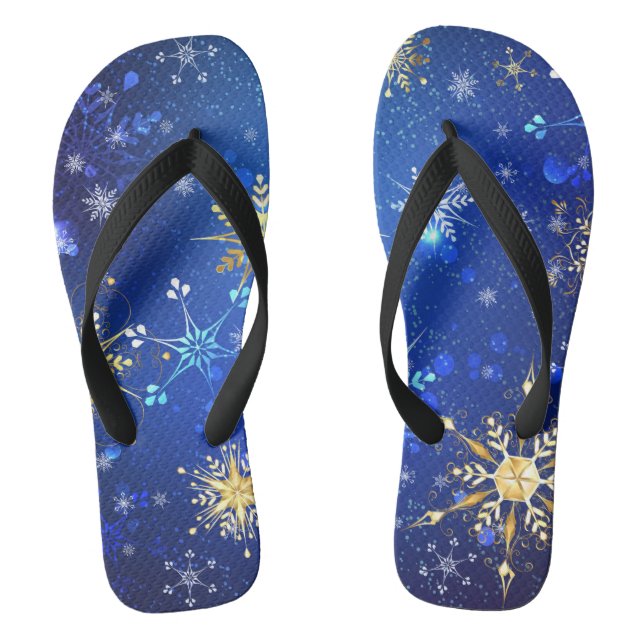 XMAS Blue Background with Golden Snowflakes Thongs (Footbed)