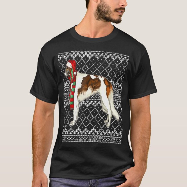 Xmas Borzoi Santa Claus Hat Ugly Christmas T-Shirt (Front)