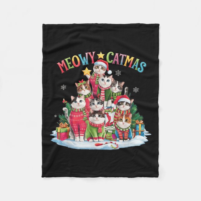 Xmas Cat Lover Meowy Catmas Cat Christmas Tree Lig Fleece Blanket (Front)