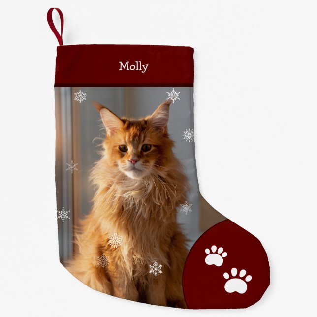 Xmas Cat Photo Holiday Red Personalised Large Small Christmas Stocking (Front)