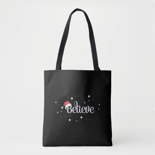 Xmas Christmas Believe Snowflakes Santa Hat Tote Bag (Front)
