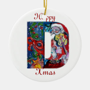 XMAS D LETTER /SANTA  CLAUS WITH VIOLIN MONOGRAM CERAMIC TREE DECORATION