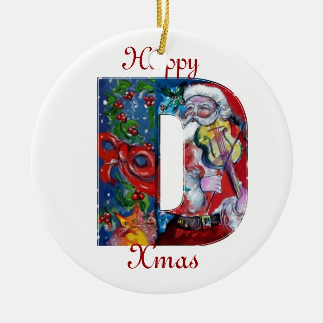 XMAS D LETTER /SANTA  CLAUS WITH VIOLIN MONOGRAM CERAMIC TREE DECORATION (Front)