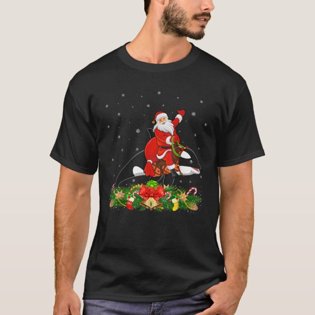 Xmas Decor Lights Funny Santa Riding Orca Christma T-Shirt (Front)