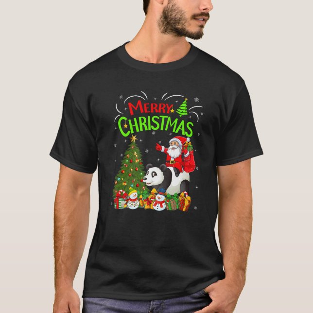 Xmas Decorations Tree Lighting Santa Riding Panda  T-Shirt (Front)