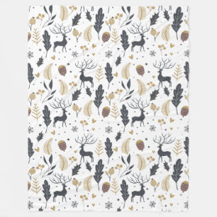 Xmas Deer and Leaves Joyful Greetings Collection Fleece Blanket