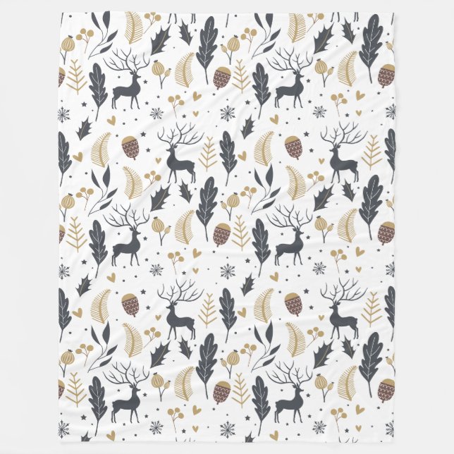 Xmas Deer and Leaves Joyful Greetings Collection Fleece Blanket (Front)