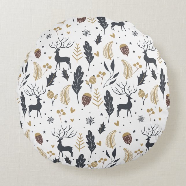 Xmas Deer and Leaves Joyful Greetings Collection Round Cushion (Front)