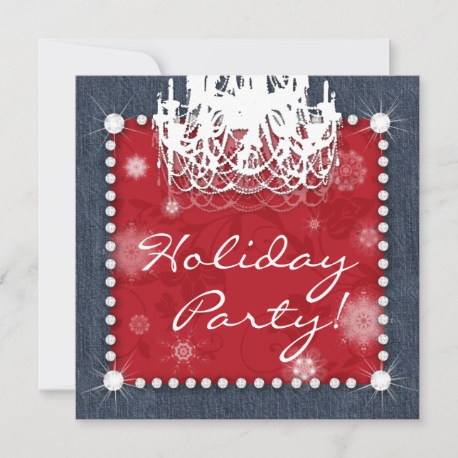 Xmas Denim Diamonds Wedding Chandelier Floral Red Invitation (Front)