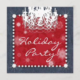 Xmas Denim Diamonds Wedding Chandelier Floral Red Invitation