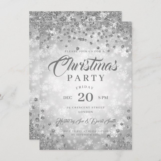 Xmas Dinner Party Silver Winter Diamonds Glitter  Invitation (Front/Back)