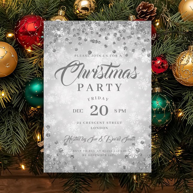 Xmas Dinner Party Silver Winter Diamonds Glitter  Invitation (Xmas Dinner Party Silver Winter Diamonds Glitter Invitation)