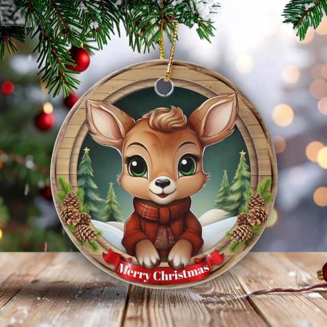 Xmas Doe Festive Holiday Wooden Rustic Pine 🦌🎄 Ceramic Ornament (Personalizable Xmas doe, festive holiday wooden rustic pine, pinecone winter Ceramic Ornament! 🦌🎄)