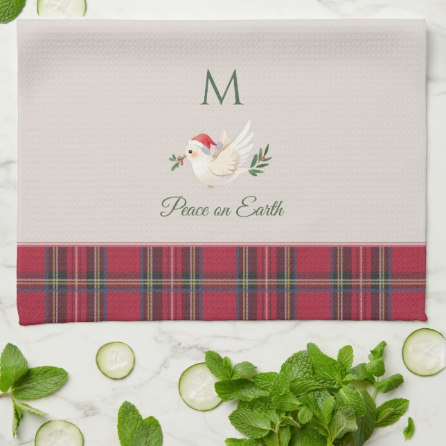 Xmas Dove Peace on Earth Custom Monogram Christmas Tea Towel (Folded)