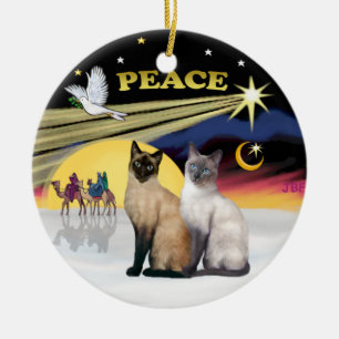 Xmas Dove - Two Siamese cats (Choc+Blue) Ceramic Tree Decoration