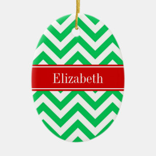 Xmas Emerald White LG Chevron Red Name Monogram Ceramic Tree Decoration