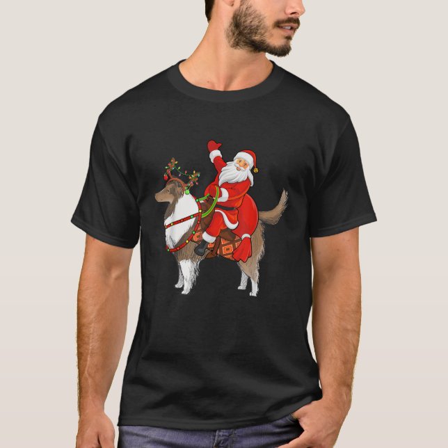 Xmas Family Matching Funny Santa Riding Sheepdog C T-Shirt (Front)