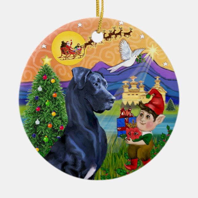 Xmas Fantasy* - Blue Great Dane (natural ears) Ceramic Tree Decoration (Front)