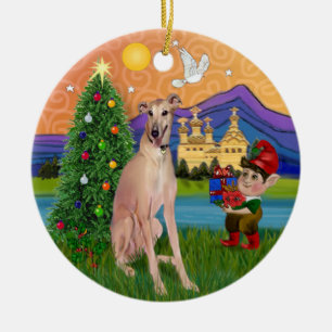 Xmas Fantasy - Fawn Greyhound (sitting) Ceramic Tree Decoration