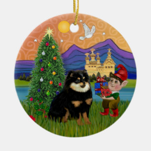 Xmas Fantasy - Pomeranian (black & tan) Ceramic Tree Decoration