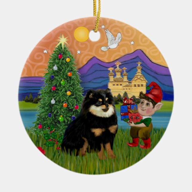 Xmas Fantasy - Pomeranian (black & tan) Ceramic Tree Decoration (Front)