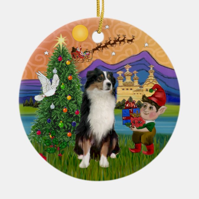 Xmas Fantasy - Tri Australian Shepherd Ceramic Ornament (Front)