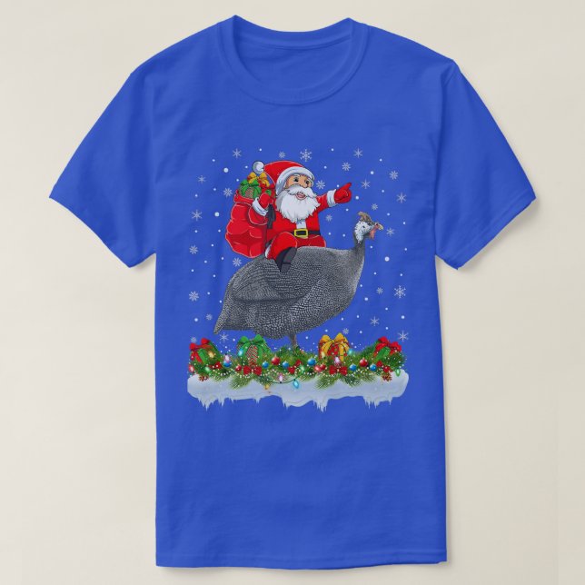 Xmas Funny Santa Claus Riding Guinea Fowl Bird Chr T-Shirt (Design Front)