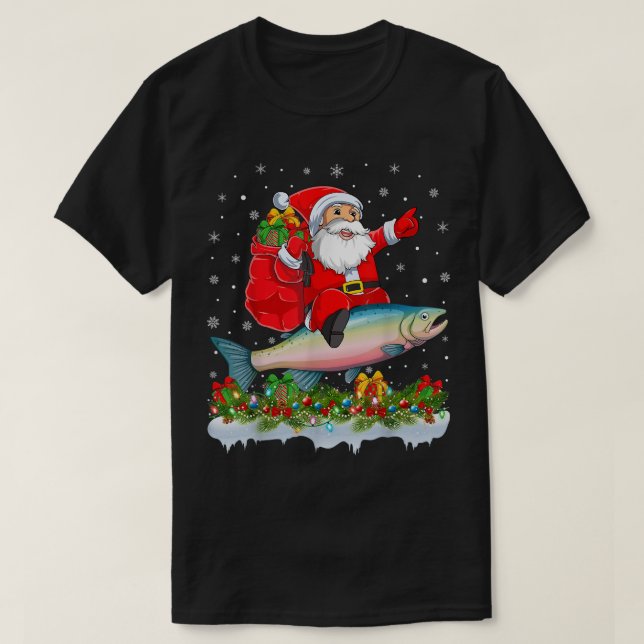 Xmas Funny Santa Claus Riding Rainbow Trout Fish C T-Shirt (Design Front)