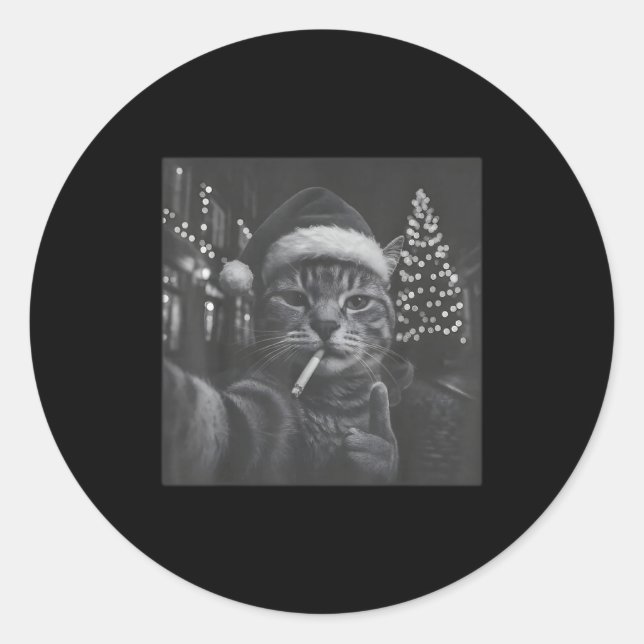 Xmas Funny Smoking Cat Cigarette Kitty Gen Z Meme  Classic Round Sticker (Front)