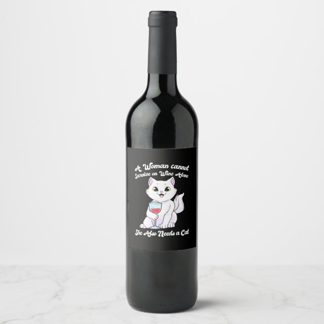 Xmas Gift | A Woman Survives On Wine And Cat Label (Front)