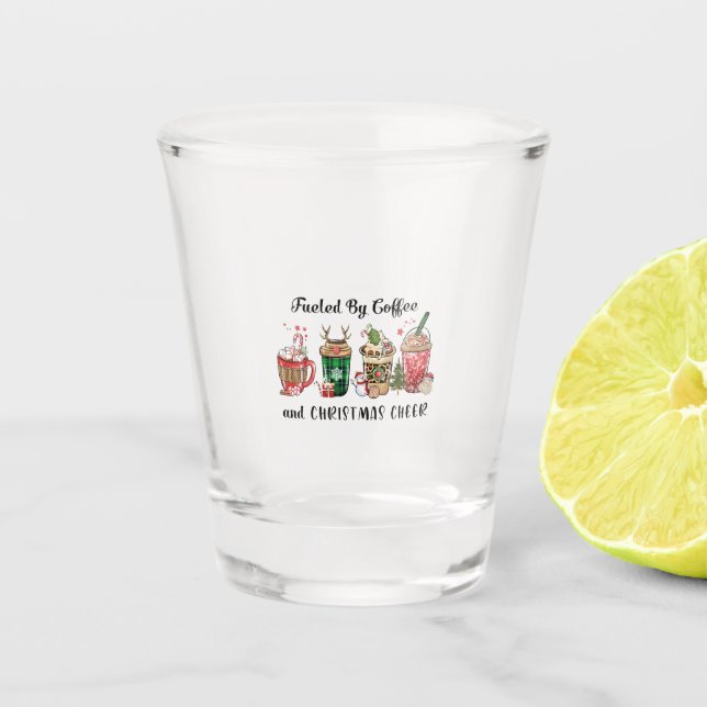 Xmas Gift Fuelled By Coffee And Christmas Cheer Shot Glass (Front)