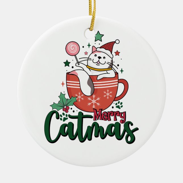 Xmas Gift Merry Cute Catmas Ceramic Ornament (Front)