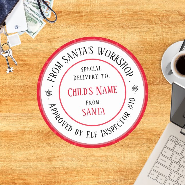 Xmas Gift Santa's Workshop Personalised Name Classic Round Sticker (Creator Uploaded)