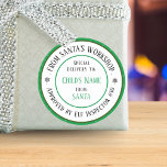 Xmas Gift Santa's Workshop Personalised Name Green Classic Round Sticker<br><div class="desc">Add a touch of festive magic to your holiday gifts with our Santa's Workshop Personalised Name Sticker. This charming Xmas gift is perfect for personalising presents, making each one unique and special. The custom name feature allows you to add a personal touch, ensuring that your gifts stand out under the...</div>
