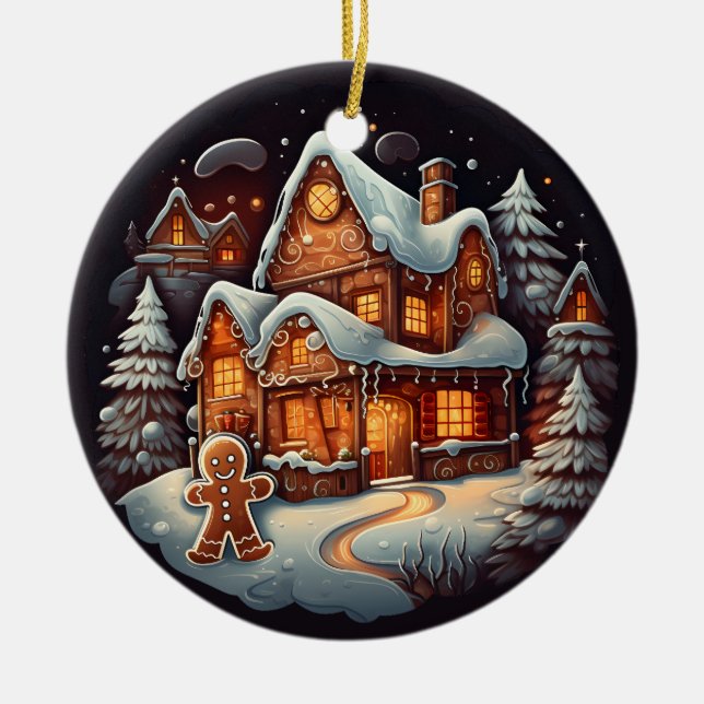 Xmas Gingerbread man house Ceramic Ornament (Front)