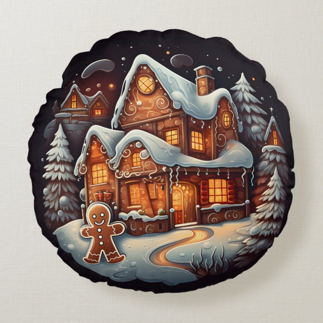 Xmas Gingerbread man house Round Cushion (Front)