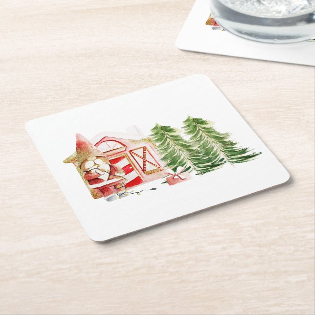 XMAS Gnome Design 2 Square Paper Coaster (Angled)